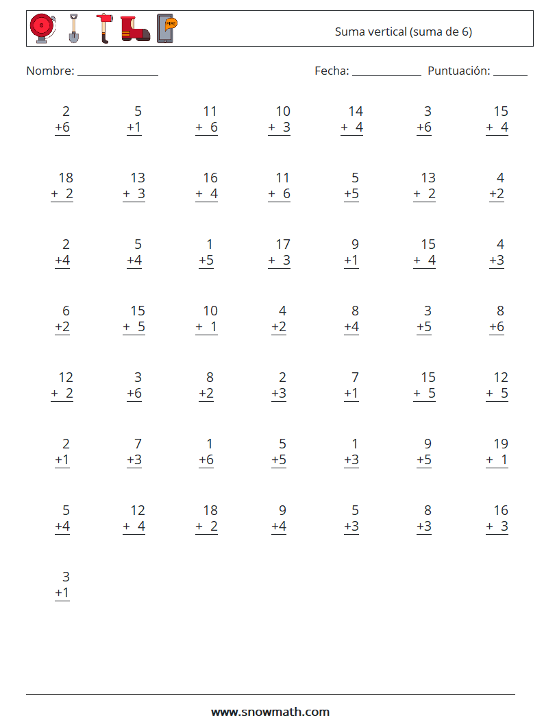 (50) Suma vertical (suma de 6) Hojas de trabajo de matemáticas 11