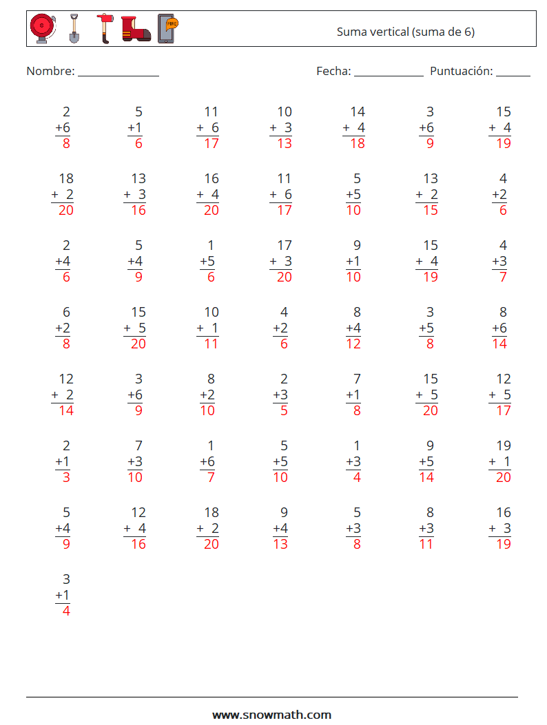 (50) Suma vertical (suma de 6) Hojas de trabajo de matemáticas 11 Pregunta, respuesta