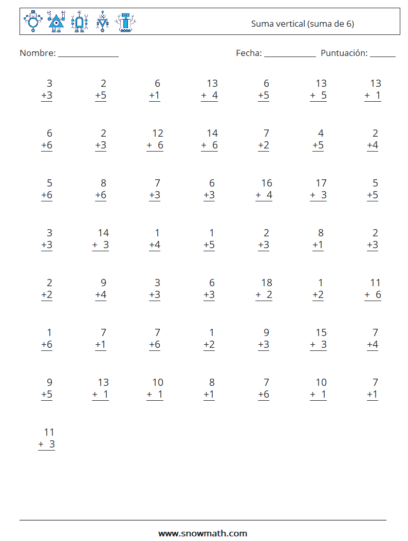 (50) Suma vertical (suma de 6) Hojas de trabajo de matemáticas 12