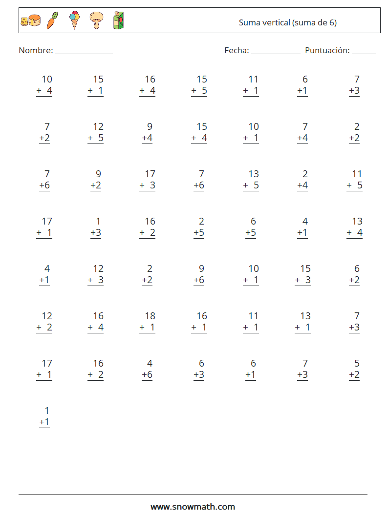 (50) Suma vertical (suma de 6) Hojas de trabajo de matemáticas 13