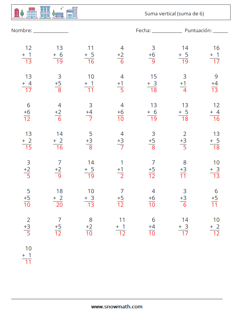 (50) Suma vertical (suma de 6) Hojas de trabajo de matemáticas 14 Pregunta, respuesta