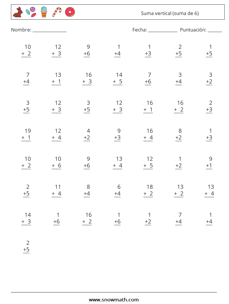 (50) Suma vertical (suma de 6) Hojas de trabajo de matemáticas 15