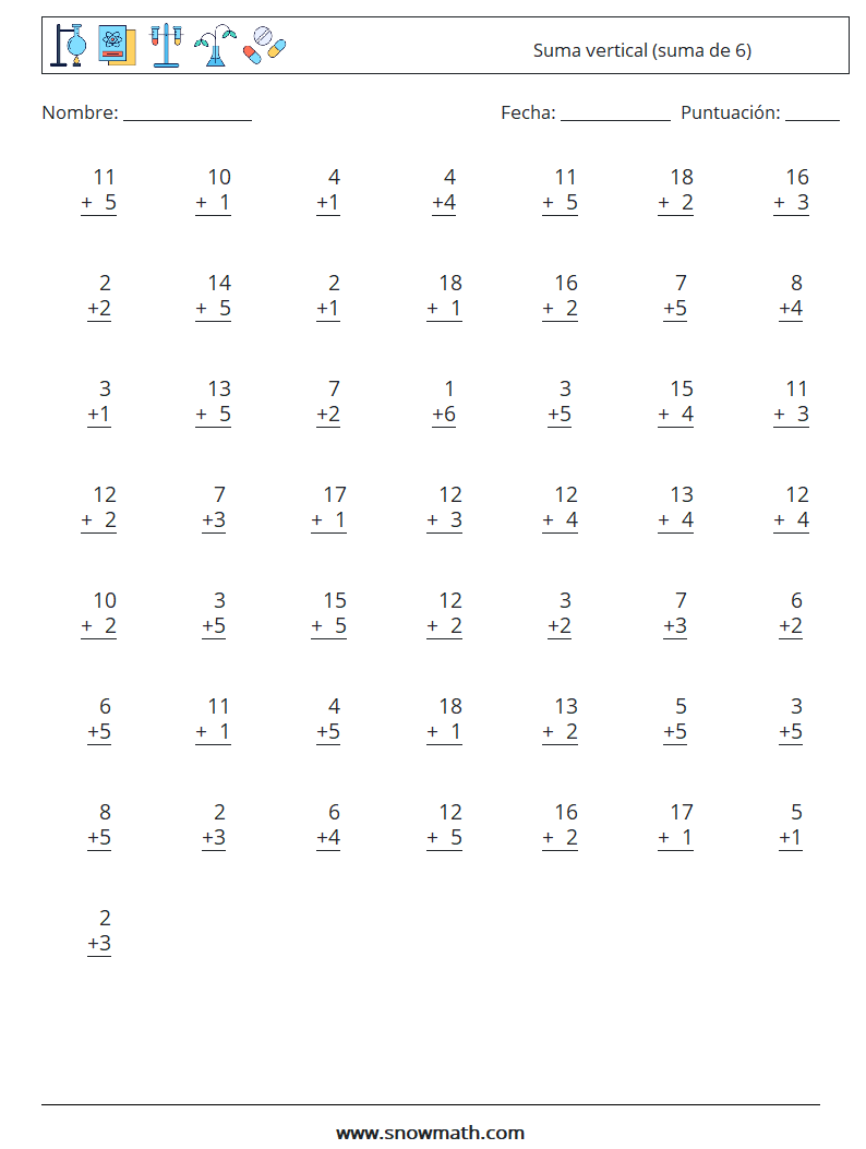 (50) Suma vertical (suma de 6) Hojas de trabajo de matemáticas 16