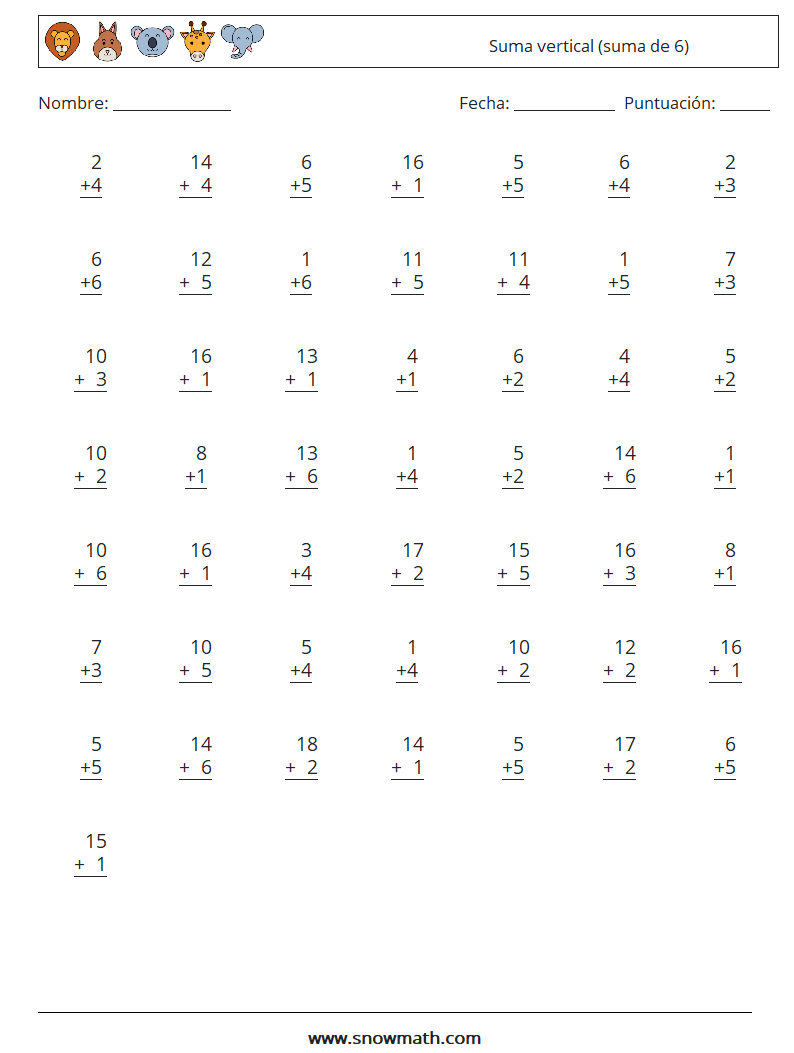 (50) Suma vertical (suma de 6) Hojas de trabajo de matemáticas 17