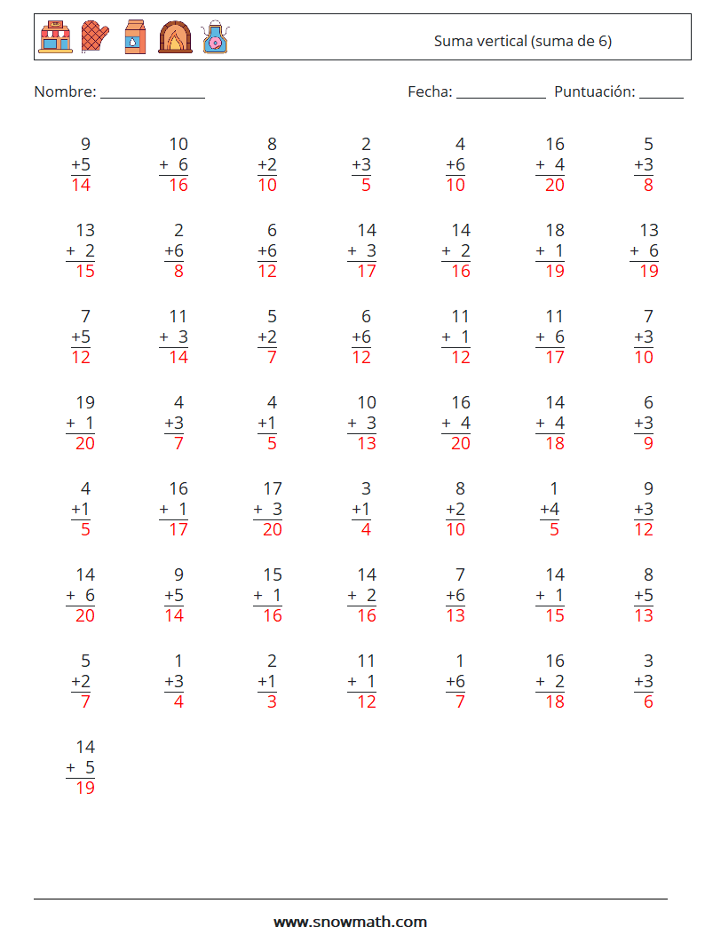 (50) Suma vertical (suma de 6) Hojas de trabajo de matemáticas 18 Pregunta, respuesta