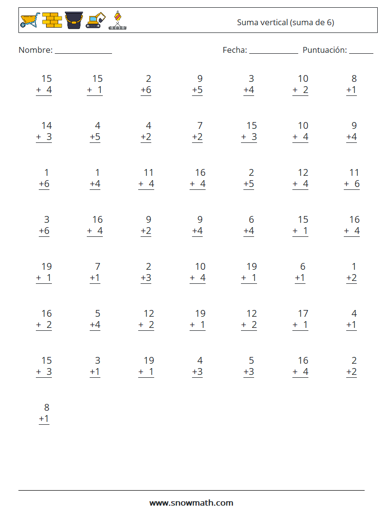 (50) Suma vertical (suma de 6) Hojas de trabajo de matemáticas 2
