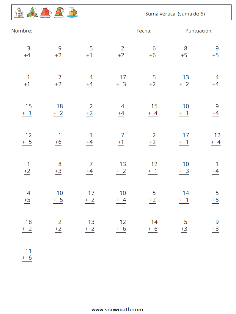 (50) Suma vertical (suma de 6) Hojas de trabajo de matemáticas 3
