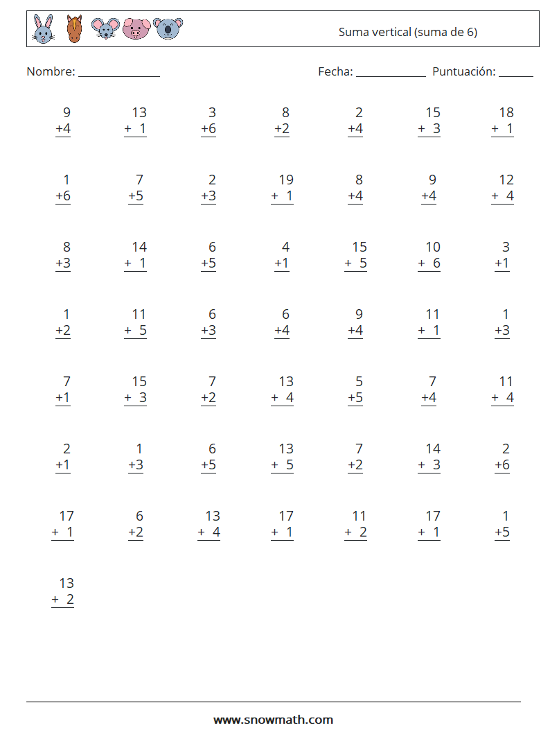 (50) Suma vertical (suma de 6) Hojas de trabajo de matemáticas 4