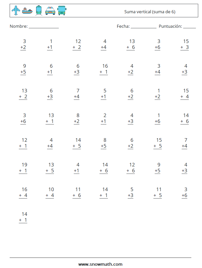 (50) Suma vertical (suma de 6) Hojas de trabajo de matemáticas 5