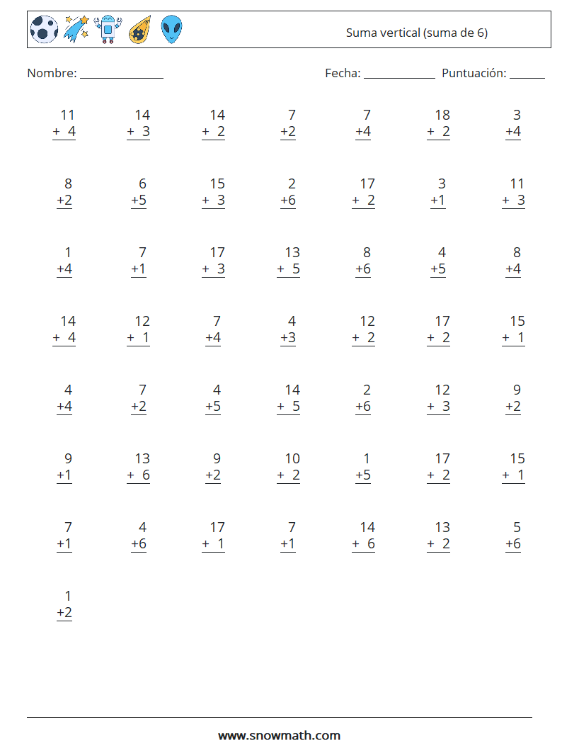 (50) Suma vertical (suma de 6) Hojas de trabajo de matemáticas 6