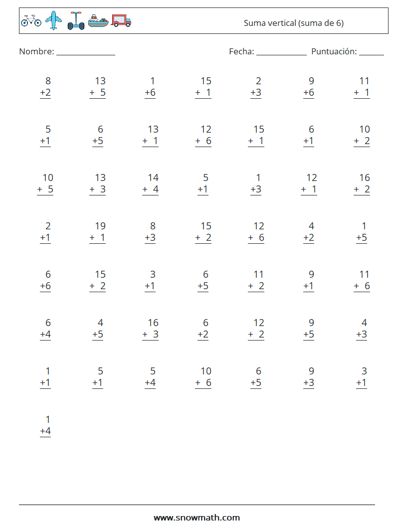 (50) Suma vertical (suma de 6) Hojas de trabajo de matemáticas 7