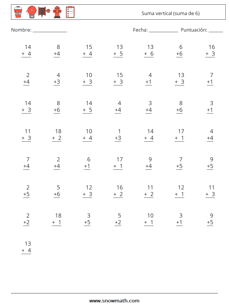 (50) Suma vertical (suma de 6) Hojas de trabajo de matemáticas 8