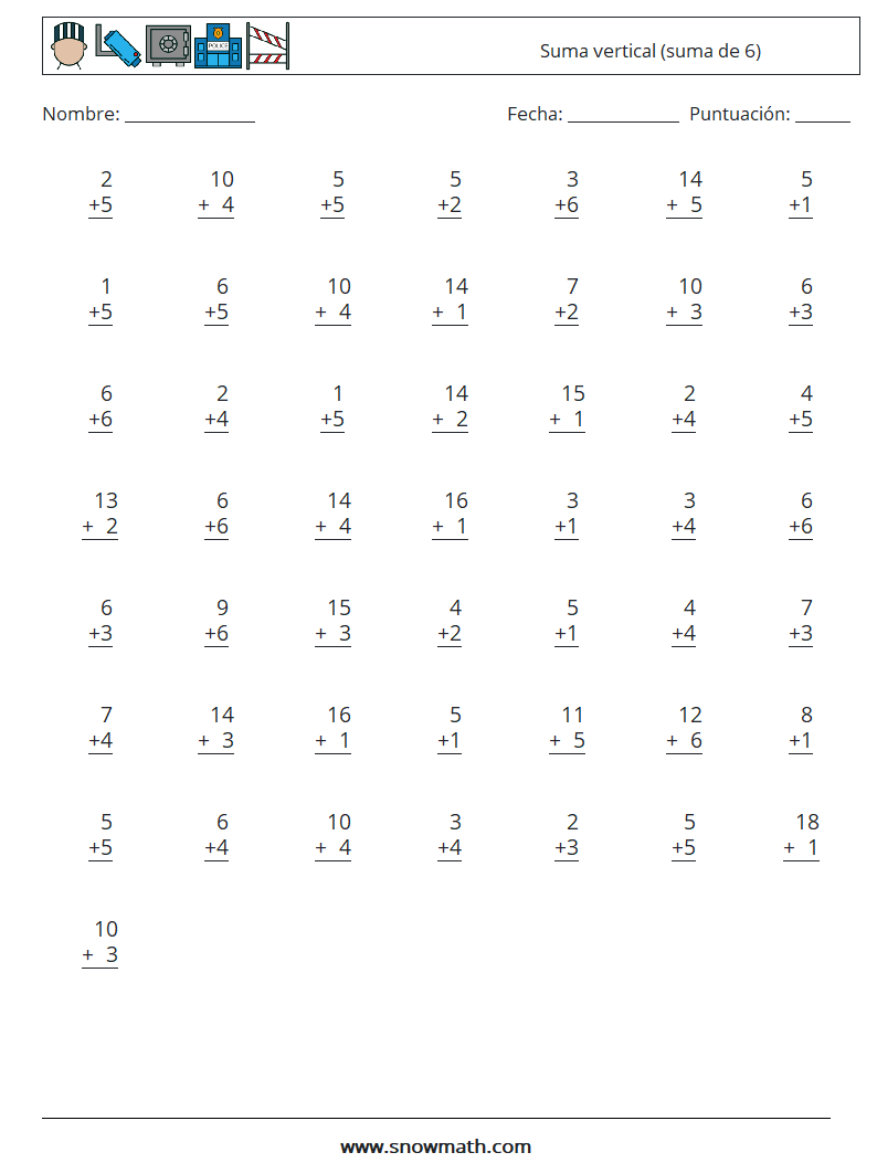 (50) Suma vertical (suma de 6) Hojas de trabajo de matemáticas 9