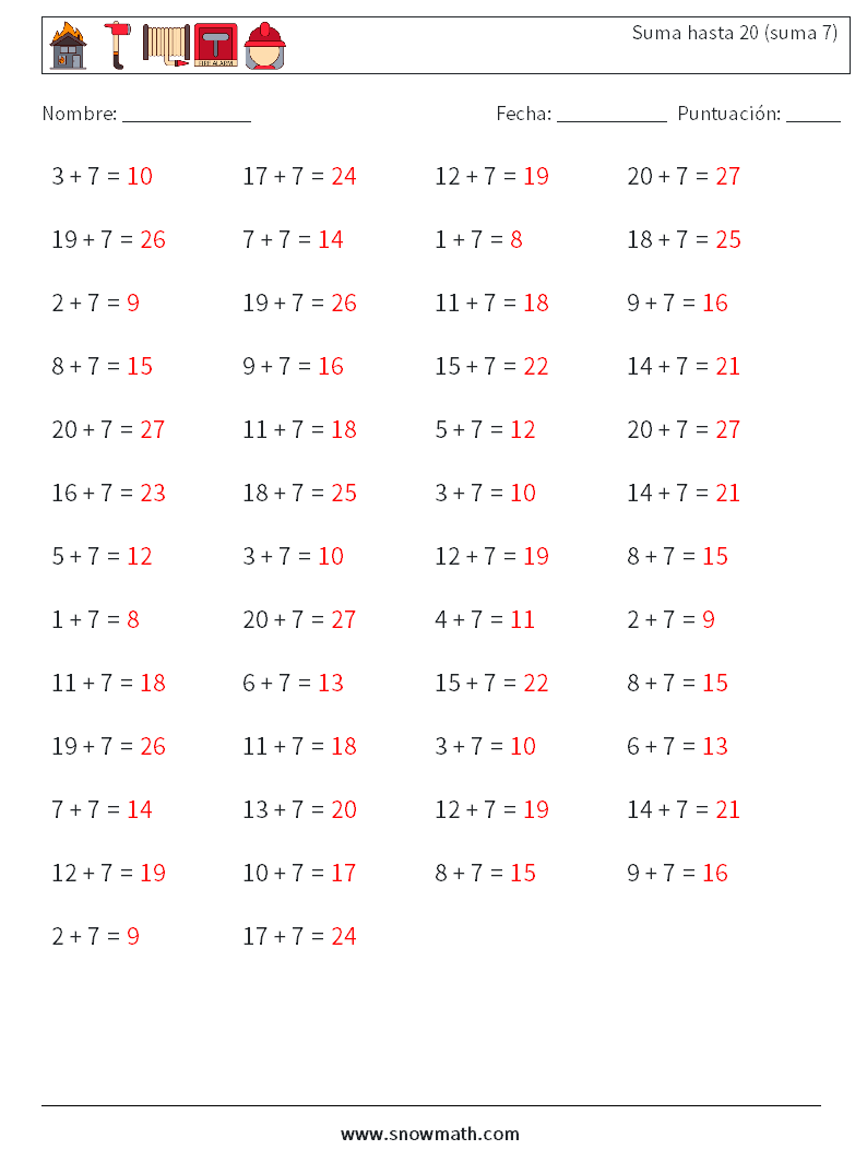 (50) Suma hasta 20 (suma 7) Hojas de trabajo de matemáticas 1 Pregunta, respuesta