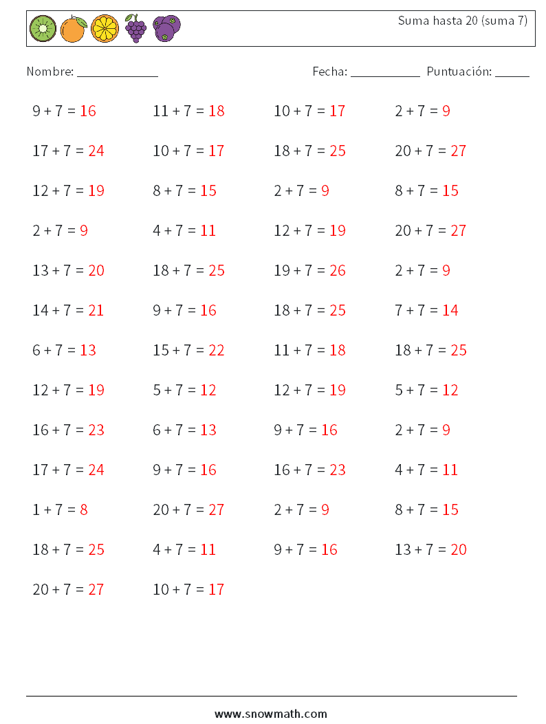 (50) Suma hasta 20 (suma 7) Hojas de trabajo de matemáticas 2 Pregunta, respuesta