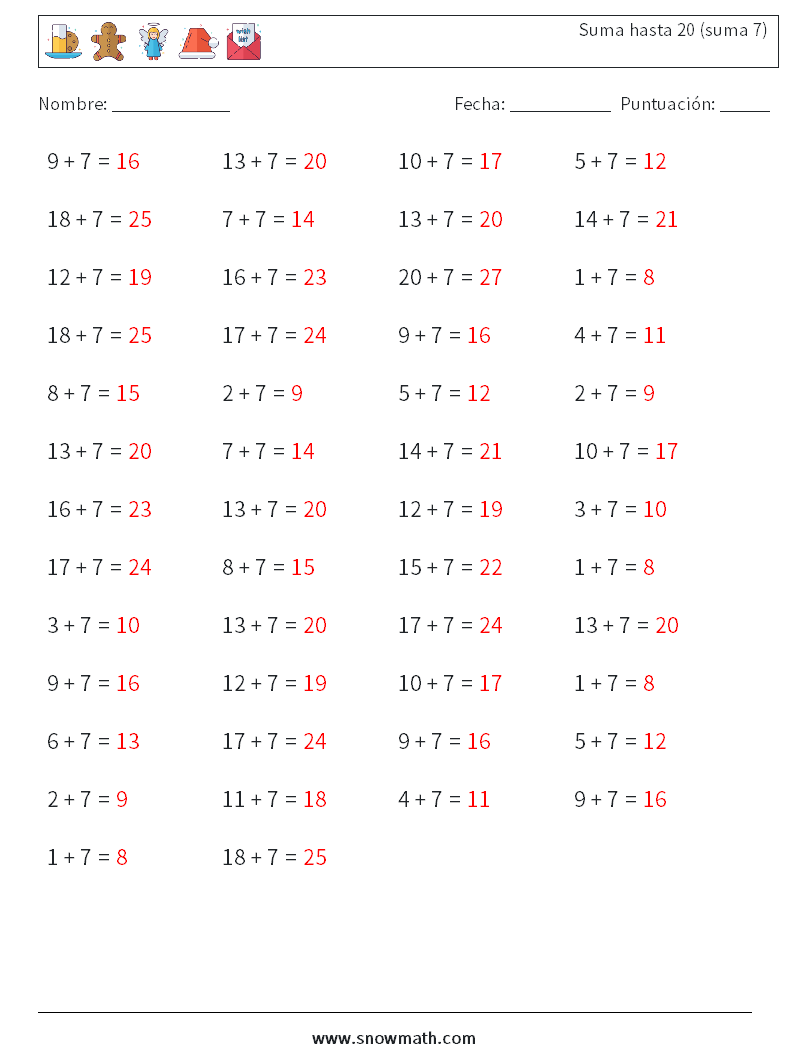 (50) Suma hasta 20 (suma 7) Hojas de trabajo de matemáticas 4 Pregunta, respuesta