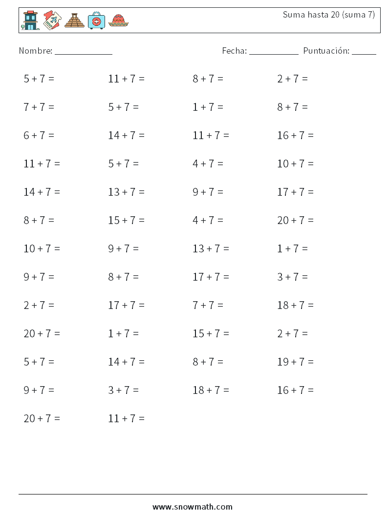 (50) Suma hasta 20 (suma 7) Hojas de trabajo de matemáticas 5