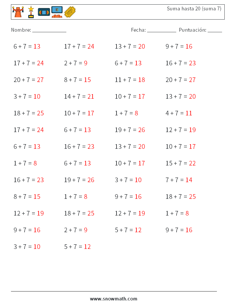 (50) Suma hasta 20 (suma 7) Hojas de trabajo de matemáticas 6 Pregunta, respuesta