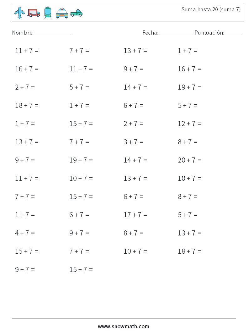 (50) Suma hasta 20 (suma 7) Hojas de trabajo de matemáticas 8