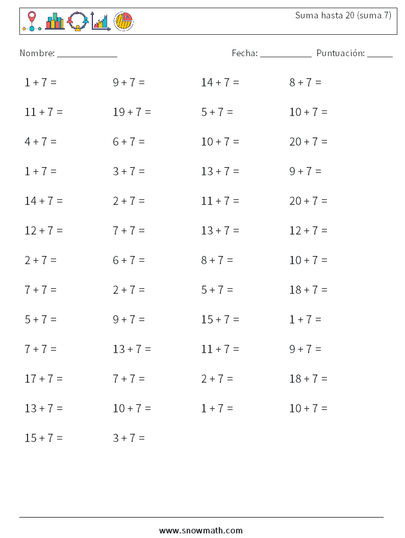 (50) Suma hasta 20 (suma 7) Hojas de trabajo de matemáticas 9