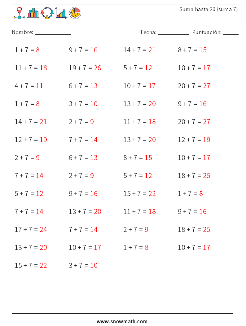 (50) Suma hasta 20 (suma 7) Hojas de trabajo de matemáticas 9 Pregunta, respuesta