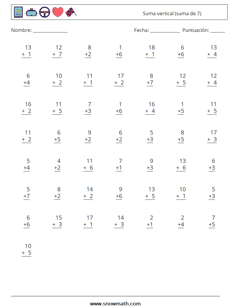 (50) Suma vertical (suma de 7) Hojas de trabajo de matemáticas 10