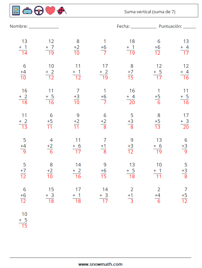 (50) Suma vertical (suma de 7) Hojas de trabajo de matemáticas 10 Pregunta, respuesta