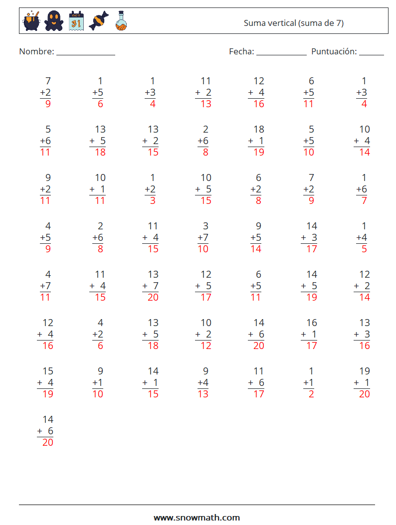 (50) Suma vertical (suma de 7) Hojas de trabajo de matemáticas 11 Pregunta, respuesta