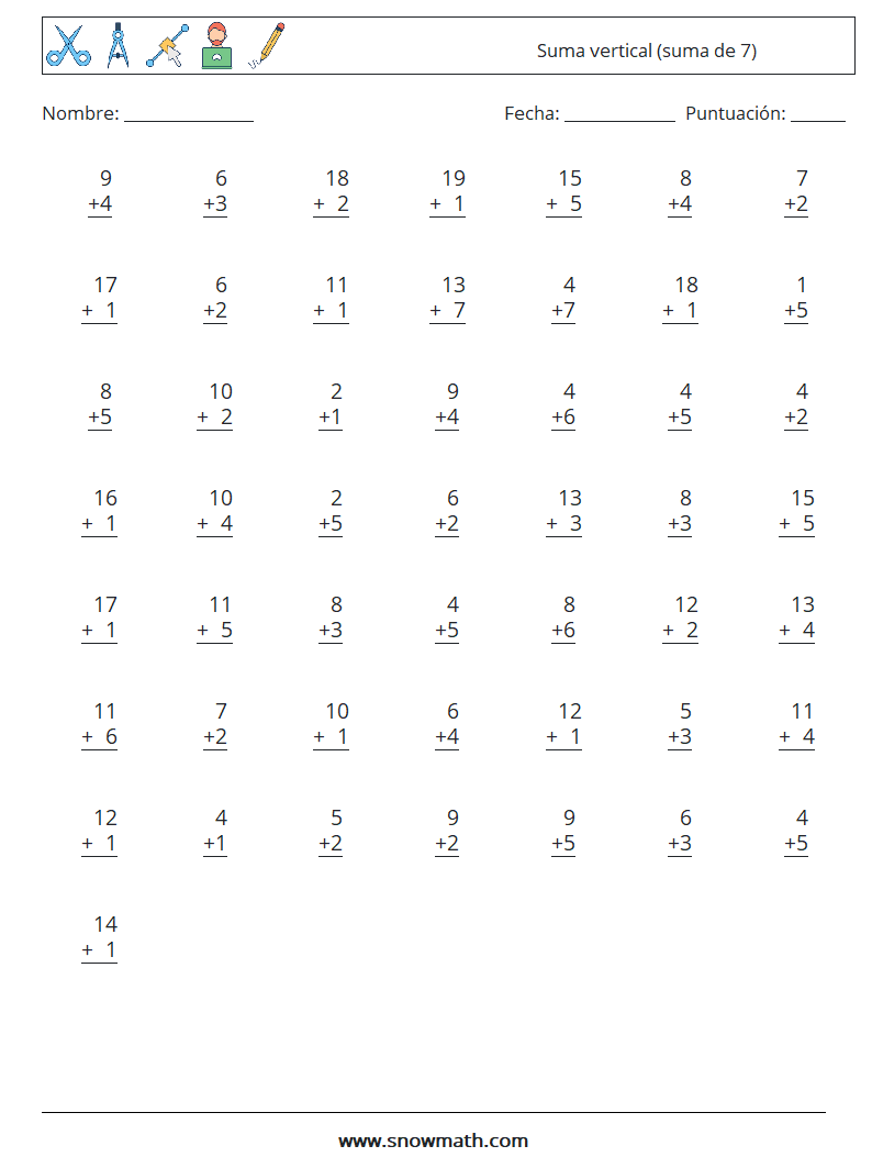 (50) Suma vertical (suma de 7) Hojas de trabajo de matemáticas 12