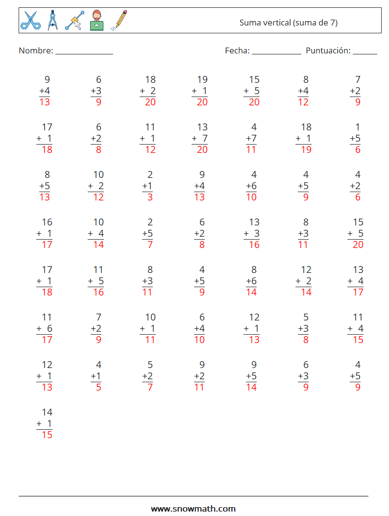 (50) Suma vertical (suma de 7) Hojas de trabajo de matemáticas 12 Pregunta, respuesta