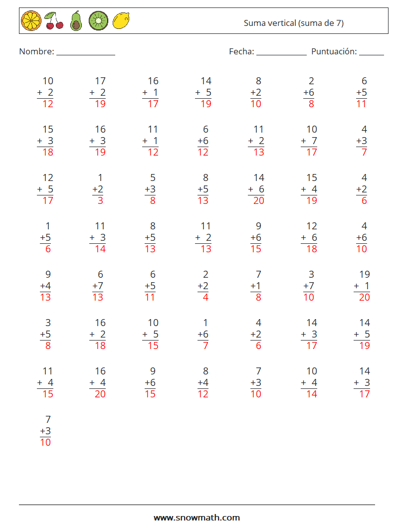 (50) Suma vertical (suma de 7) Hojas de trabajo de matemáticas 13 Pregunta, respuesta