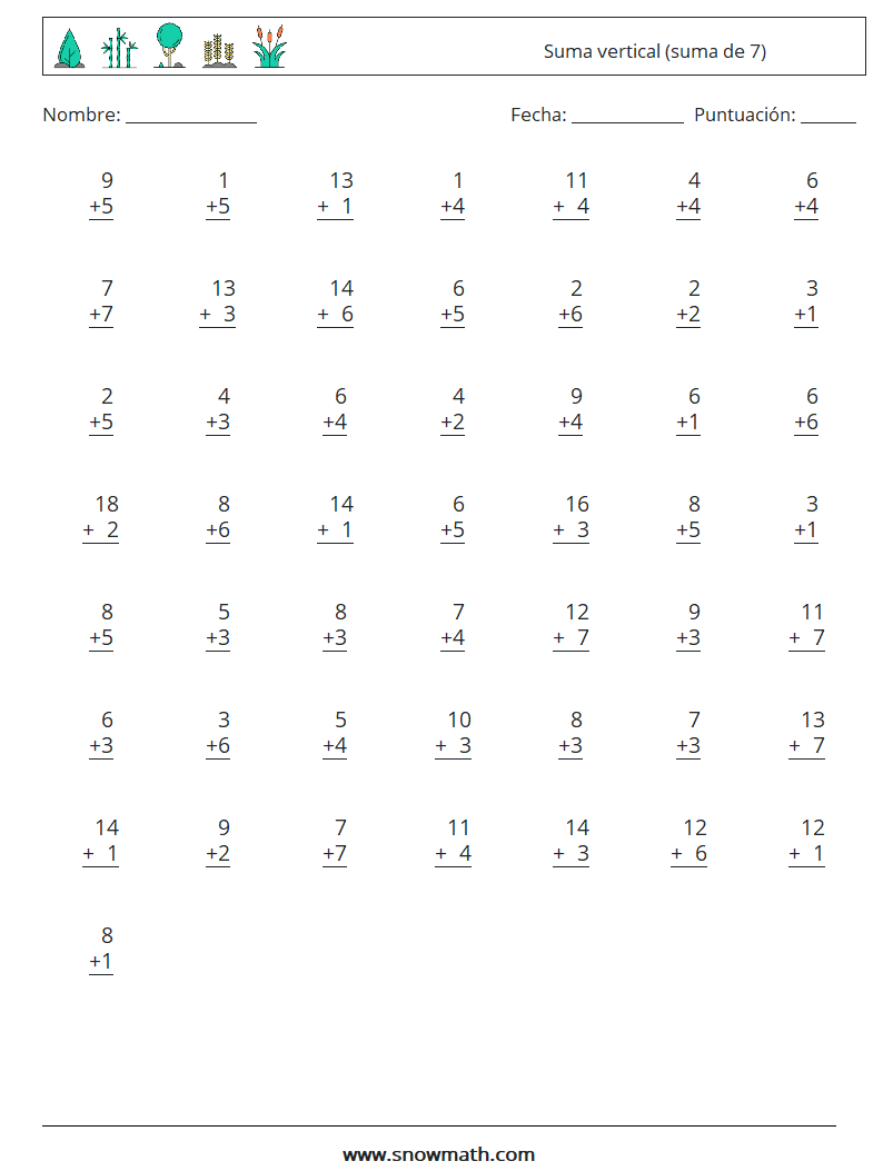 (50) Suma vertical (suma de 7) Hojas de trabajo de matemáticas 14