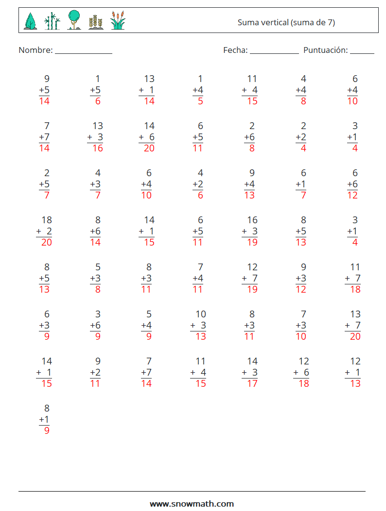 (50) Suma vertical (suma de 7) Hojas de trabajo de matemáticas 14 Pregunta, respuesta