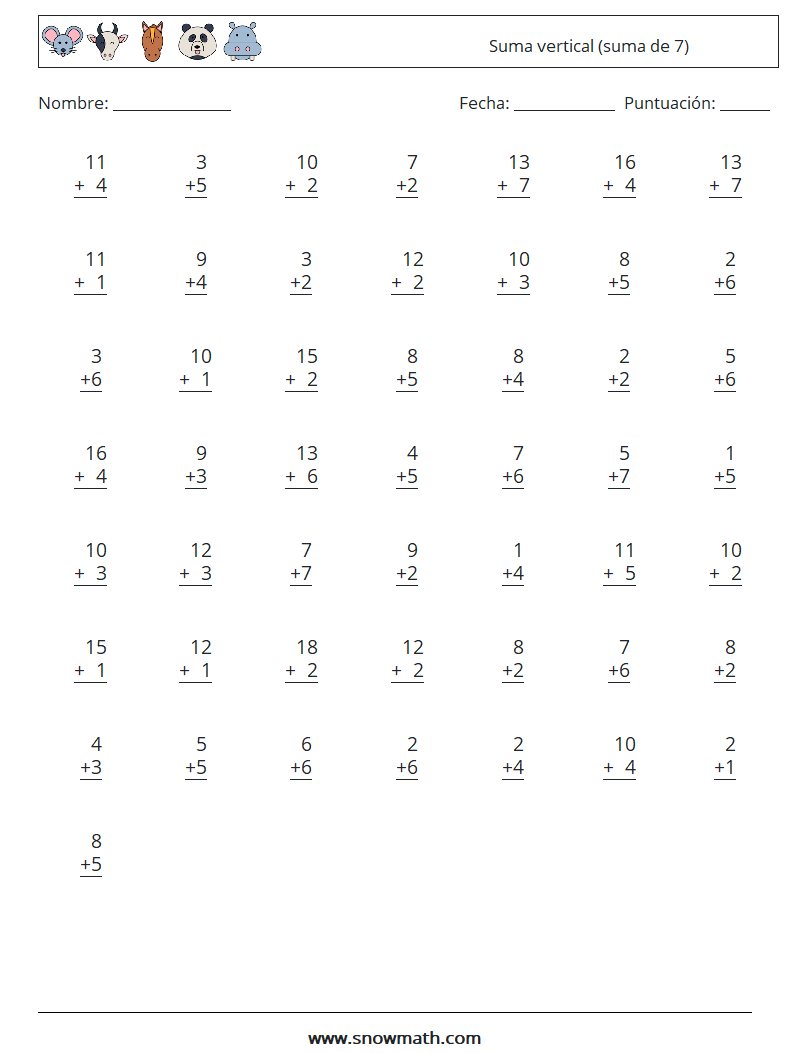 (50) Suma vertical (suma de 7) Hojas de trabajo de matemáticas 15