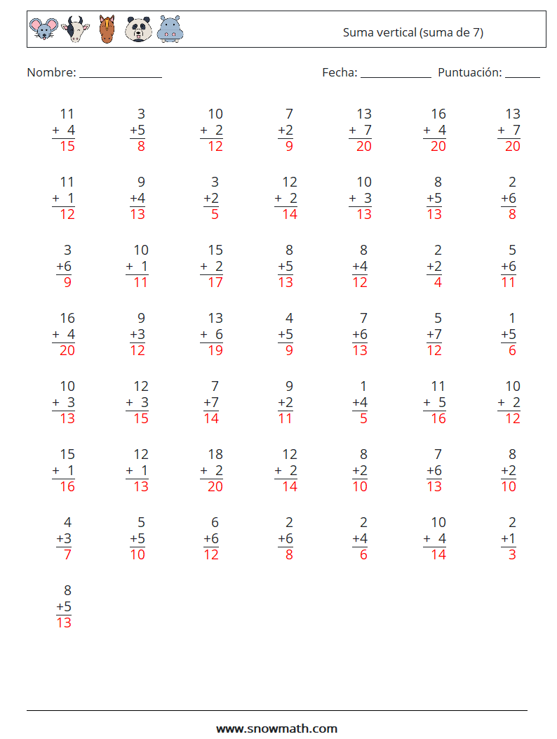 (50) Suma vertical (suma de 7) Hojas de trabajo de matemáticas 15 Pregunta, respuesta