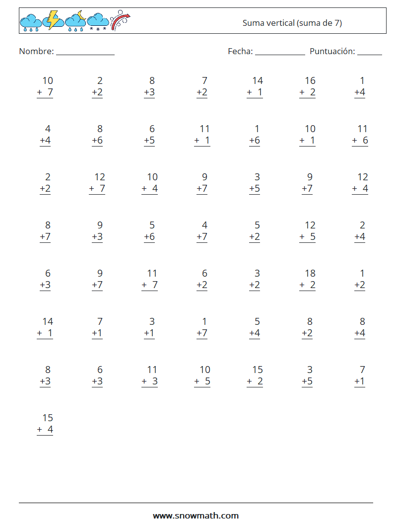 (50) Suma vertical (suma de 7) Hojas de trabajo de matemáticas 16