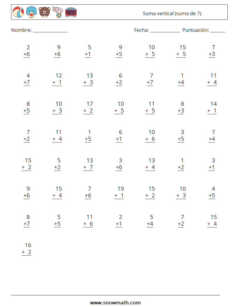 (50) Suma vertical (suma de 7) Hojas de trabajo de matemáticas 17