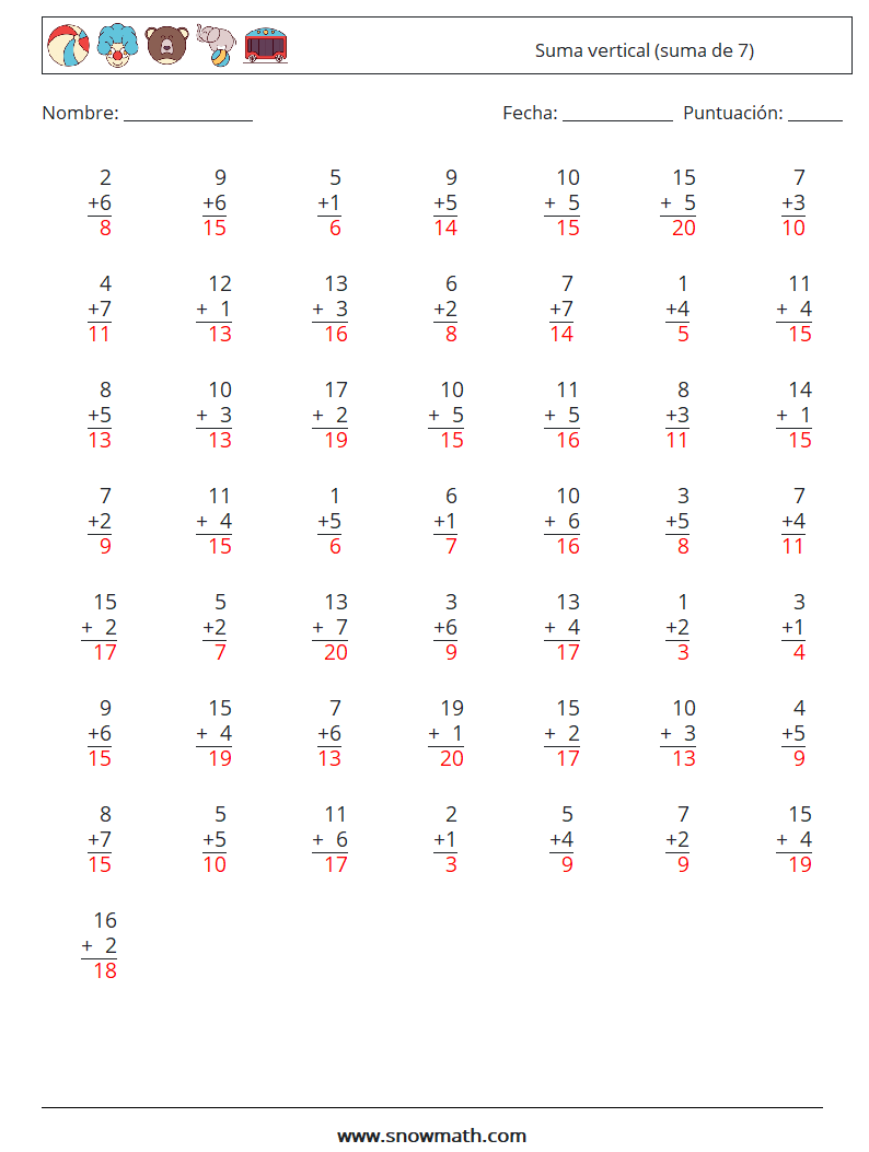 (50) Suma vertical (suma de 7) Hojas de trabajo de matemáticas 17 Pregunta, respuesta