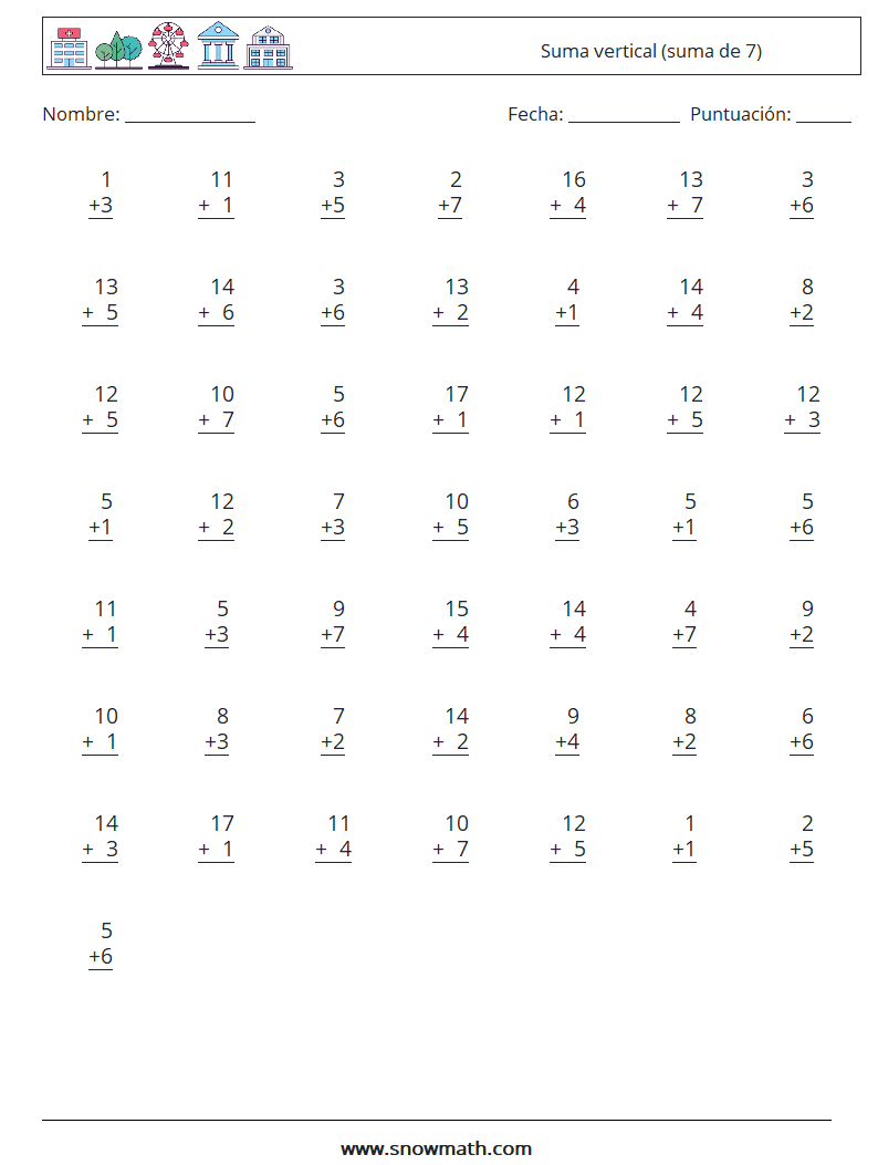 (50) Suma vertical (suma de 7) Hojas de trabajo de matemáticas 18