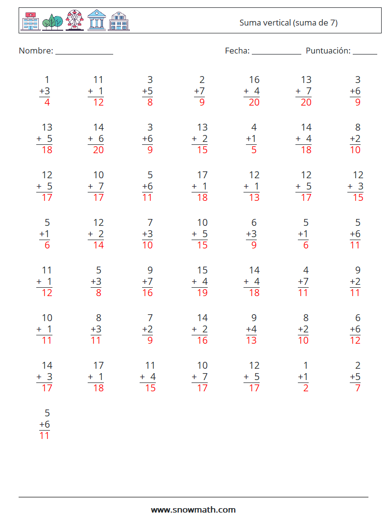 (50) Suma vertical (suma de 7) Hojas de trabajo de matemáticas 18 Pregunta, respuesta