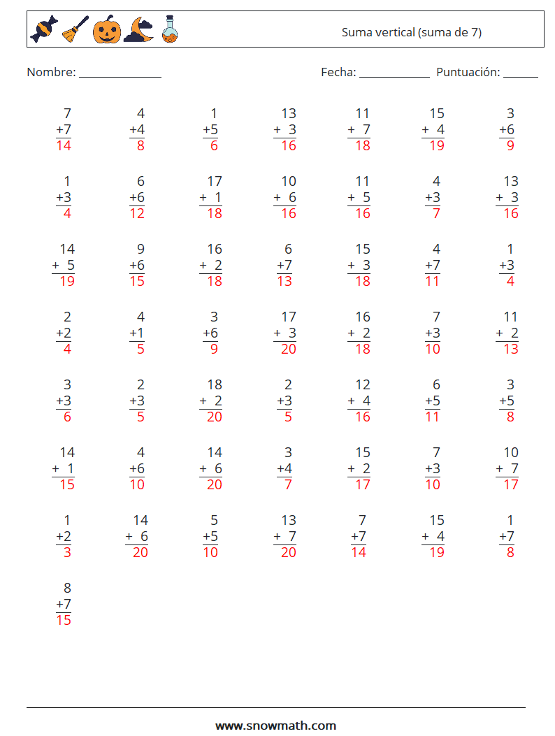 (50) Suma vertical (suma de 7) Hojas de trabajo de matemáticas 1 Pregunta, respuesta