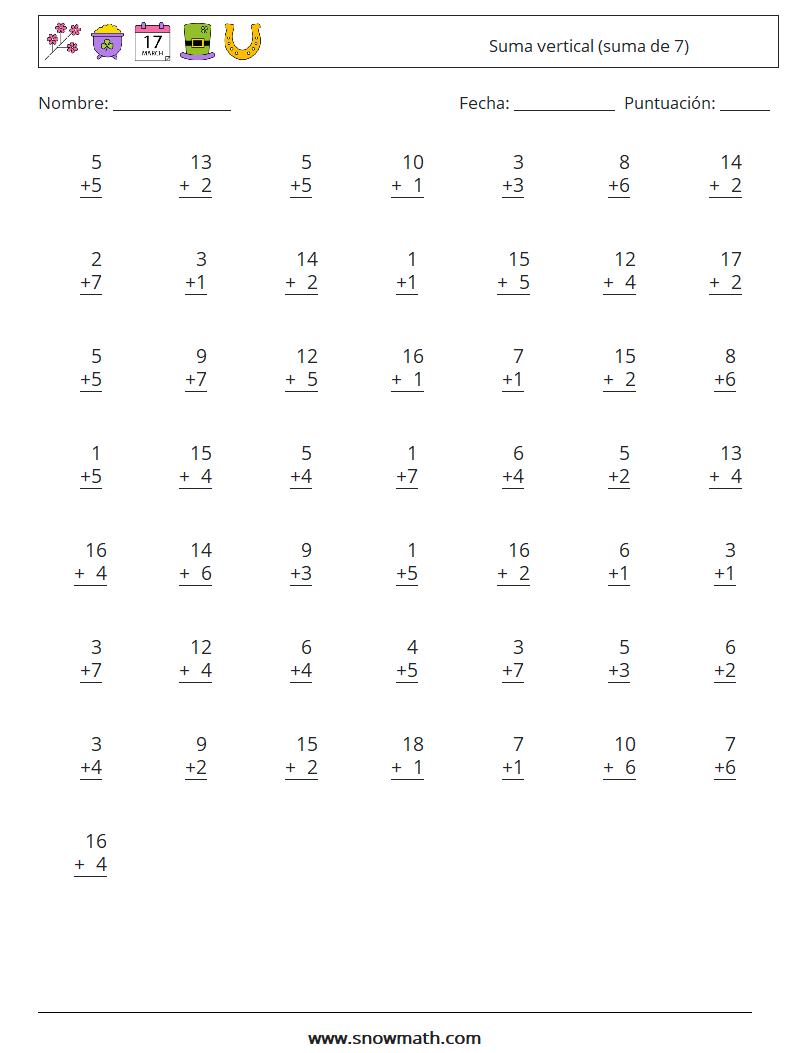 (50) Suma vertical (suma de 7) Hojas de trabajo de matemáticas 2