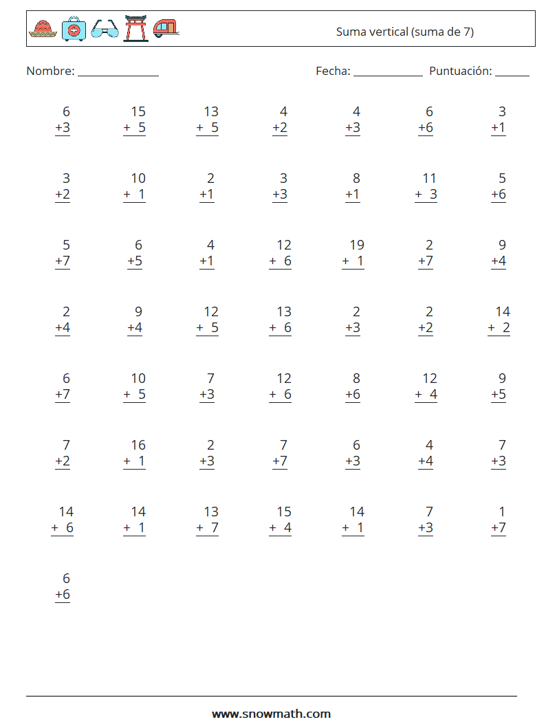 (50) Suma vertical (suma de 7) Hojas de trabajo de matemáticas 3