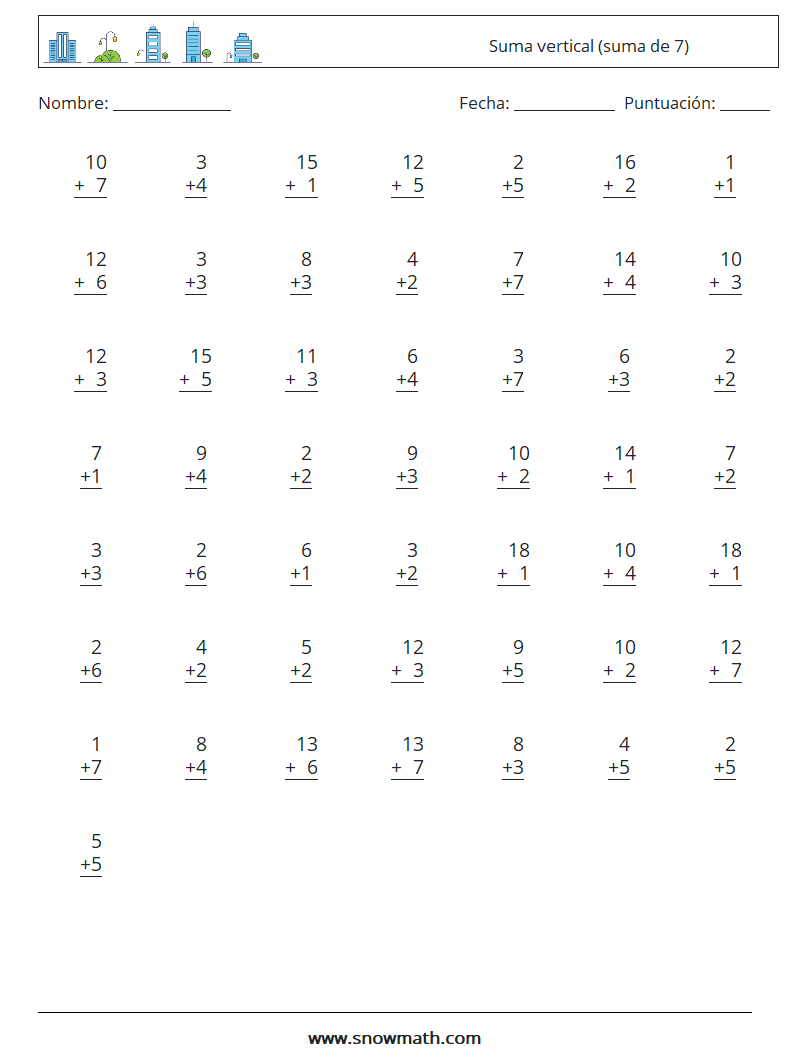 (50) Suma vertical (suma de 7) Hojas de trabajo de matemáticas 4