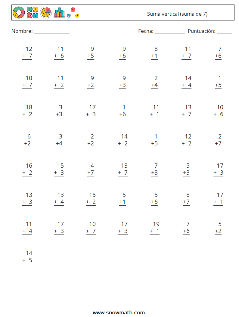 (50) Suma vertical (suma de 7) Hojas de trabajo de matemáticas 6