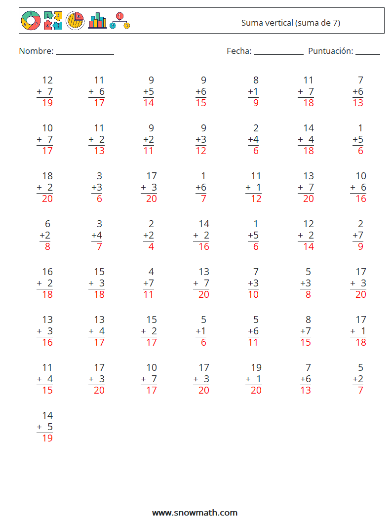 (50) Suma vertical (suma de 7) Hojas de trabajo de matemáticas 6 Pregunta, respuesta