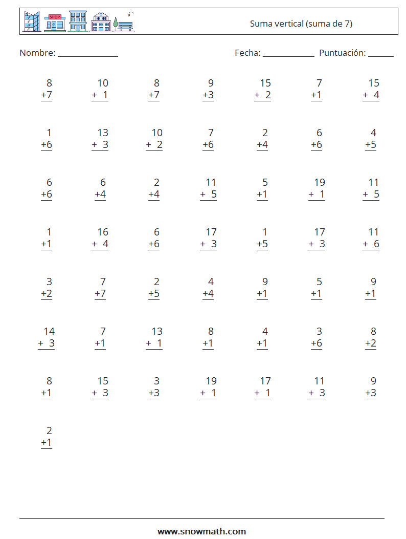 (50) Suma vertical (suma de 7) Hojas de trabajo de matemáticas 7