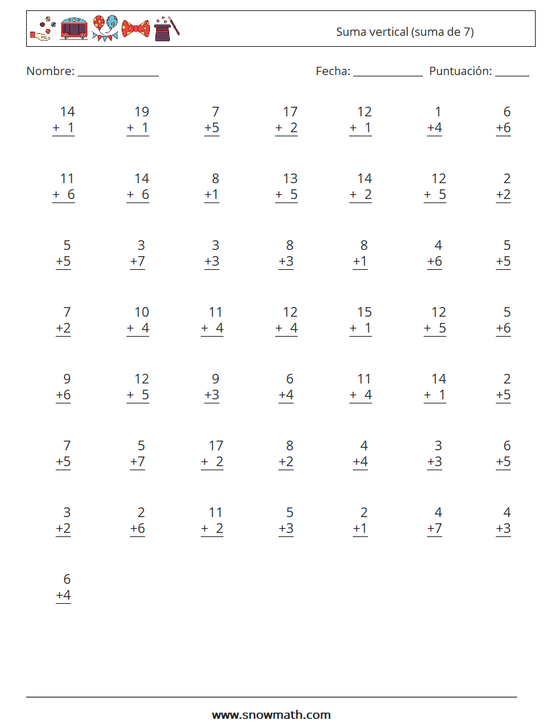 (50) Suma vertical (suma de 7) Hojas de trabajo de matemáticas 8