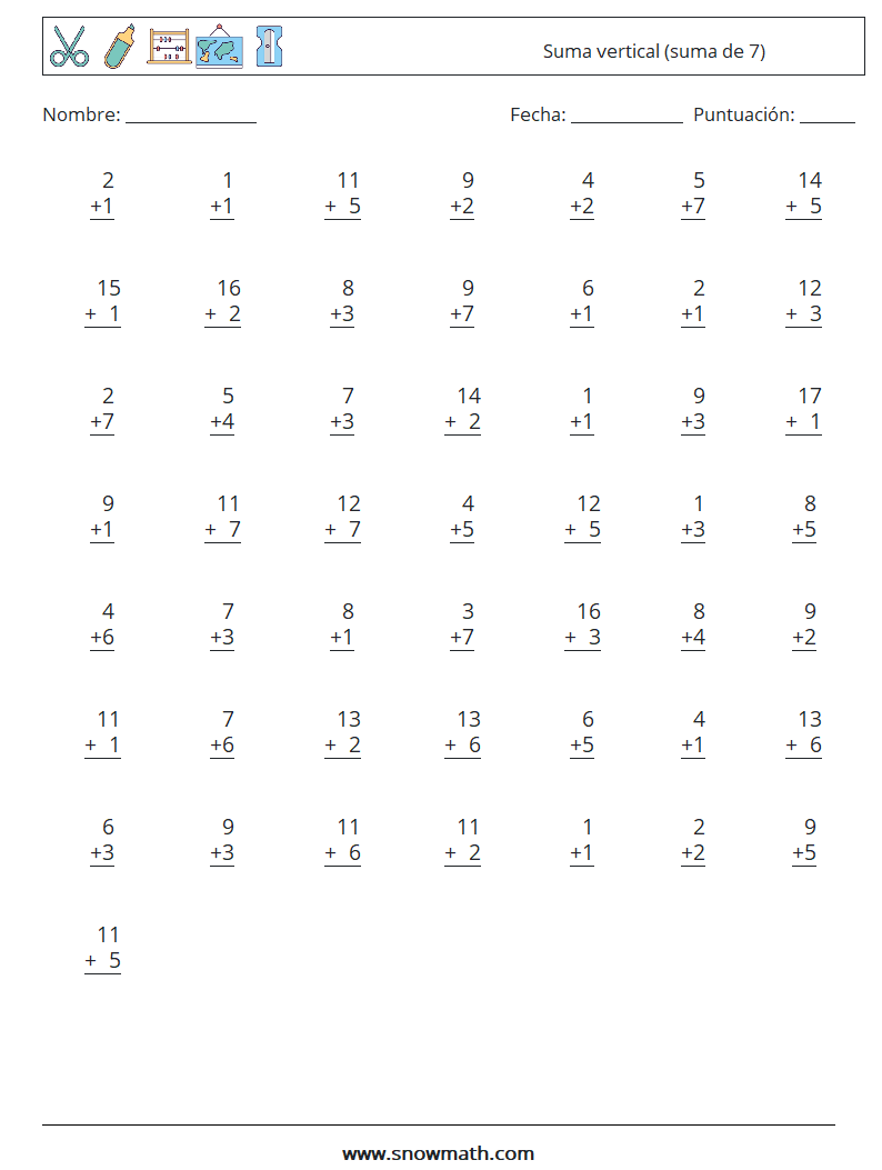 (50) Suma vertical (suma de 7) Hojas de trabajo de matemáticas 9