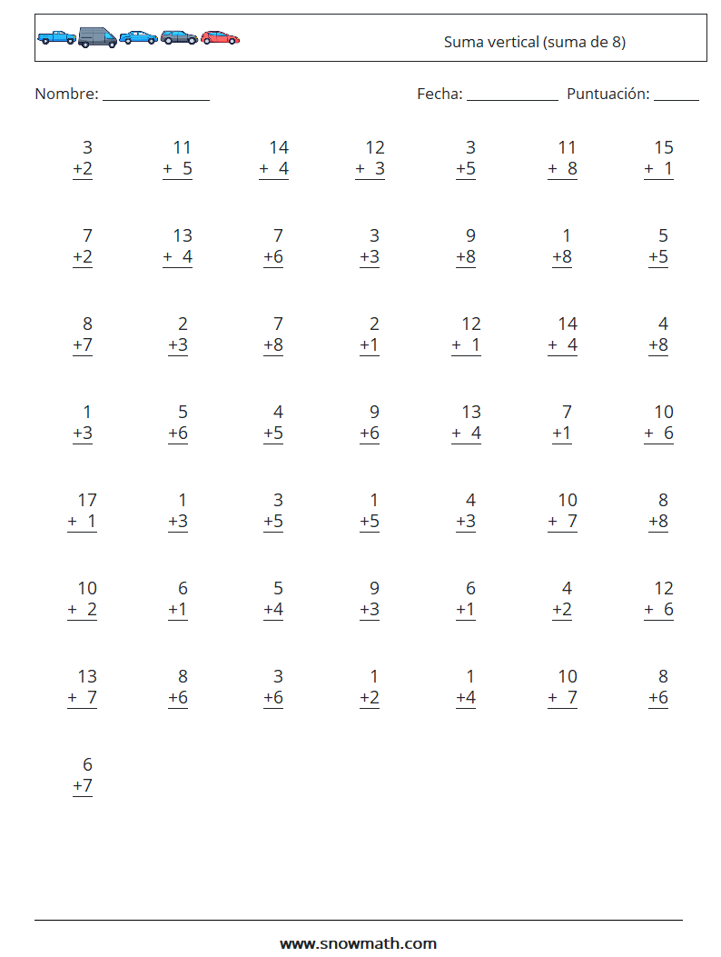 (50) Suma vertical (suma de 8) Hojas de trabajo de matemáticas 10